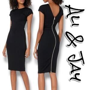 Ali & Jay Form Fitting Black Dress Midi Gold Zipper Sheath Ponte Womens Size XS